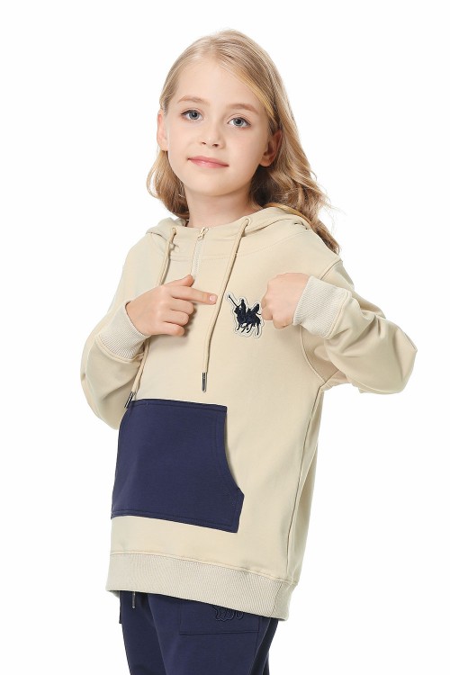 Beige & Navy Hoodie For Girls, Cotton